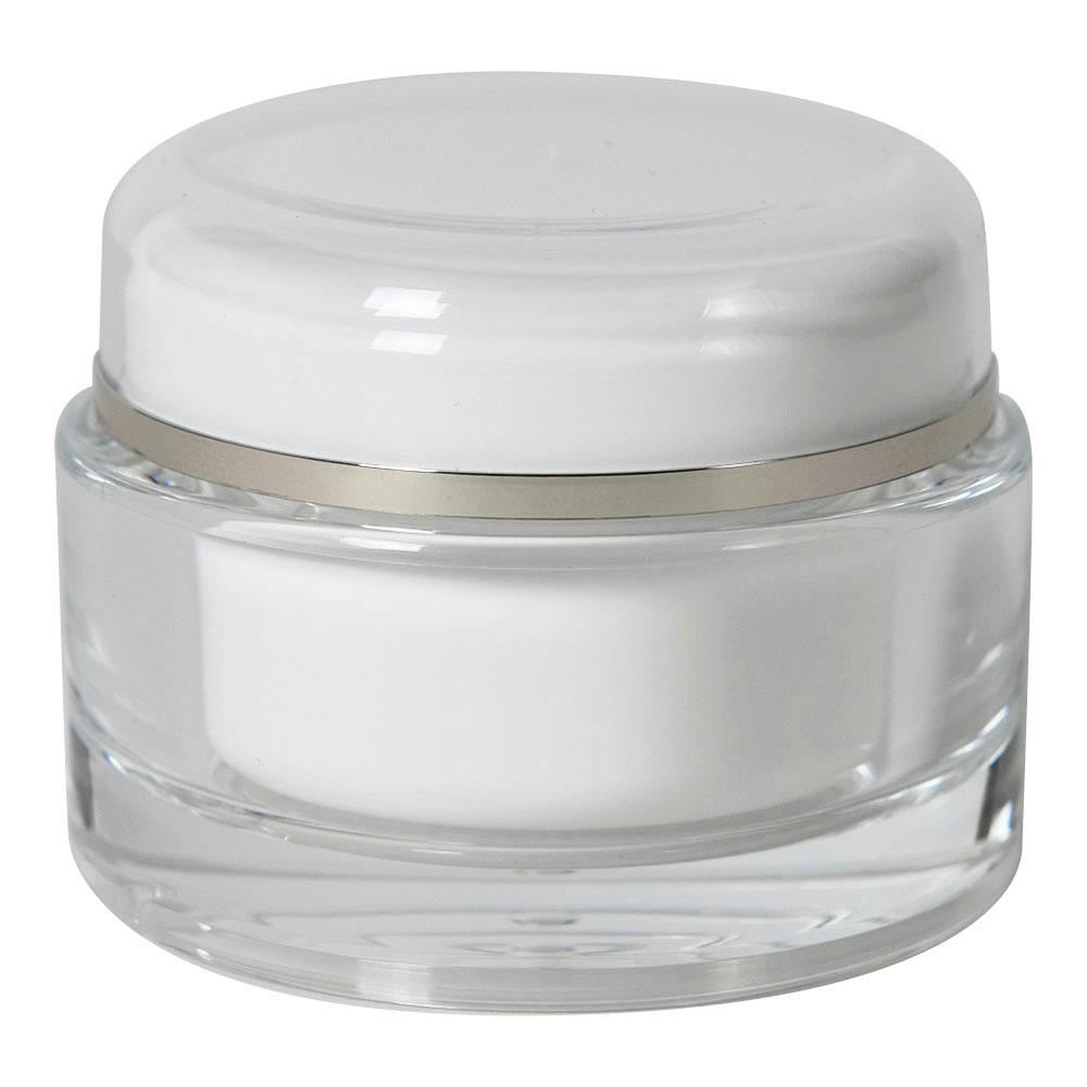 60mL Clear Acrylic/White Polypropylene Silver Trimmed Round Jar with Cap & Polypropylene Disc Liner