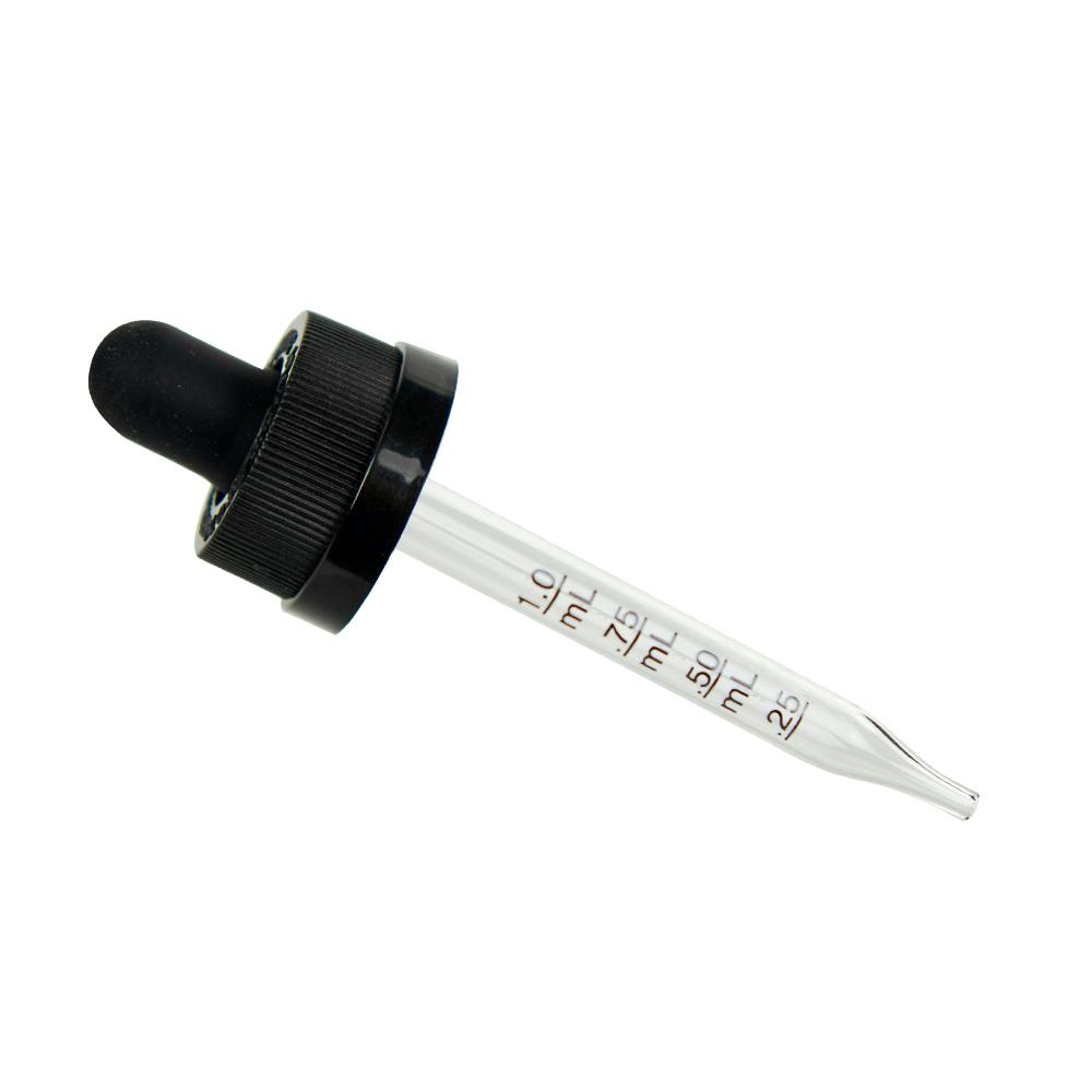 20/400 Ribbed Black Plastic Child-Resistant Cap (CRC) Dropper Cap with Black Rubber Bulb & 76mm L Straight Tip Glass Pipette with mL Measurements