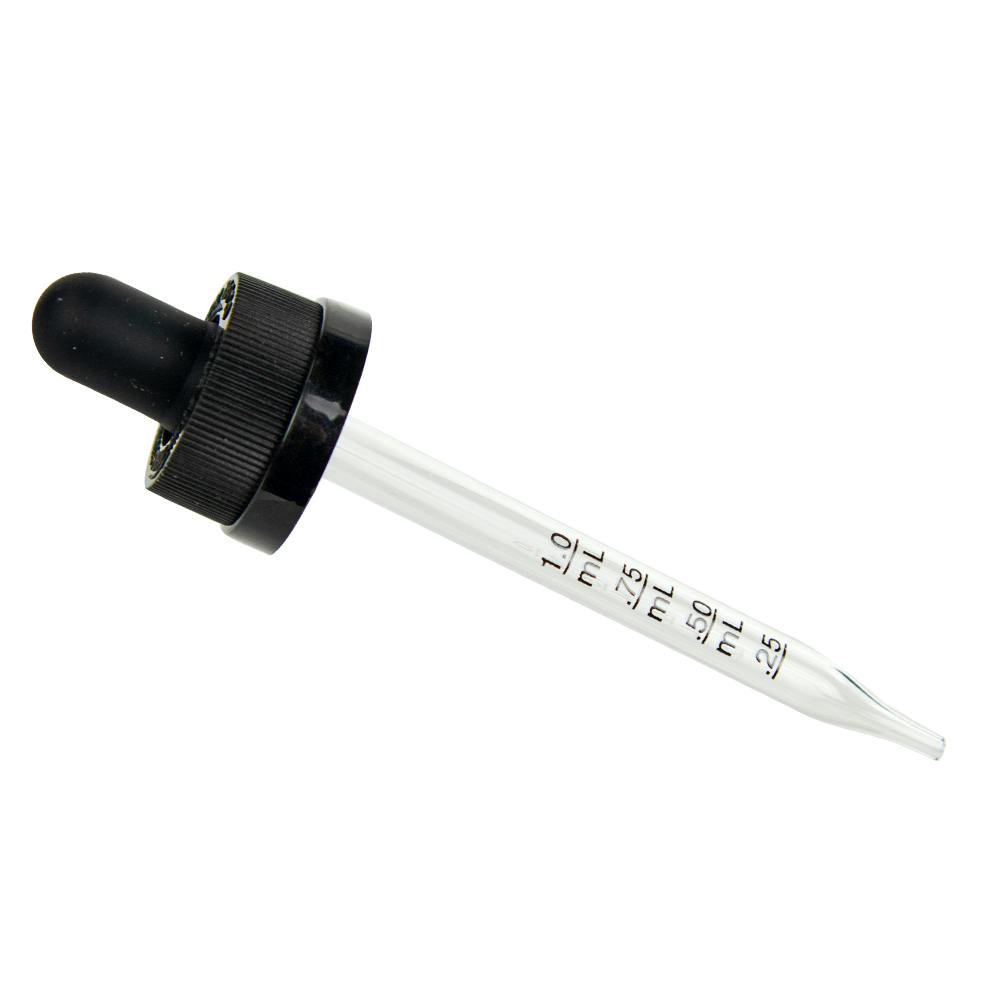 20/400 Ribbed Black Plastic Child-Resistant Cap (CRC) Dropper Cap with Black Rubber Bulb & 91mm L Straight Tip Glass Pipette with mL Measurements