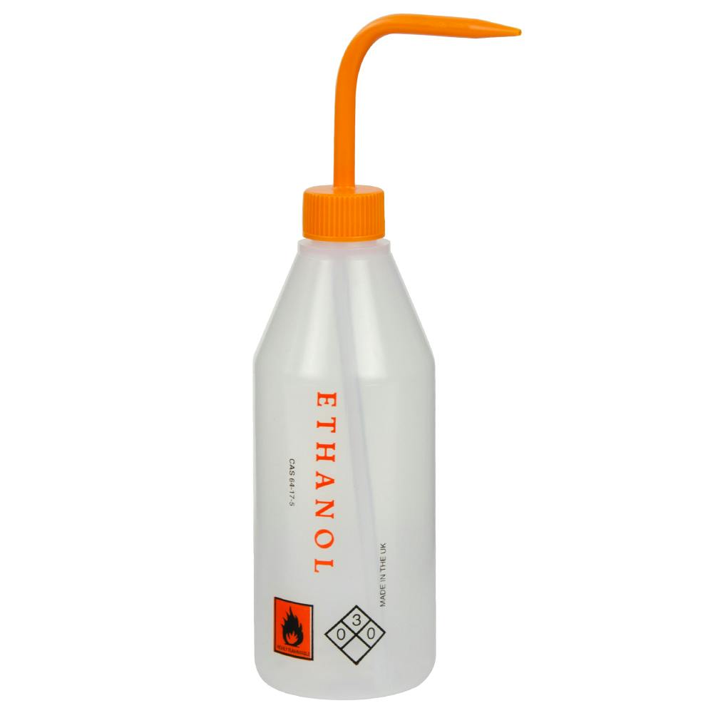 500mL Ethanol Labeled Sloping Shoulder Wash Bottle with Orange Dispensing Nozzle