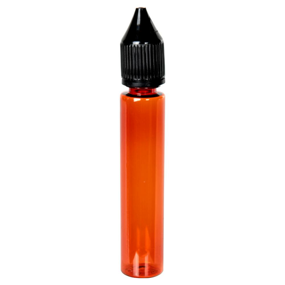30mL Transparent Amber PET Unicorn Bottle with Black Polypropylene Child-Resistant Cap (CRC) & Tamper-Evident (TE) Cap