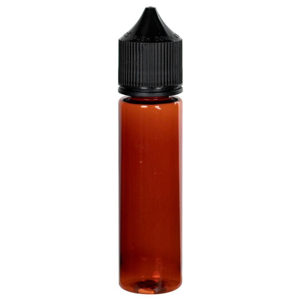60mL Transparent Amber PET Unicorn Bottle with Black Polypropylene Child-Resistant Cap (CRC) & Tamper-Evident (TE) Cap