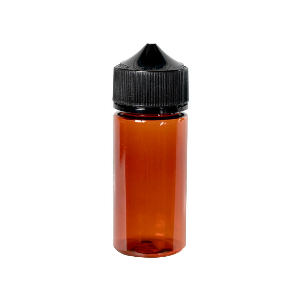 100mL Transparent Amber PET Unicorn Bottle with Black Polypropylene Child-Resistant Cap (CRC) & Tamper-Evident (TE) Cap