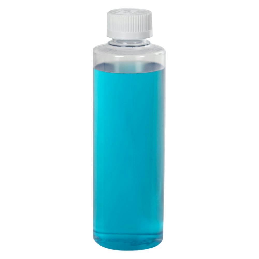 8 oz. Clear PVC Cylindrical Bottle with 24/410 White Ribbed Polypropylene Child-Resistant Cap (CRC) with F217 Liner