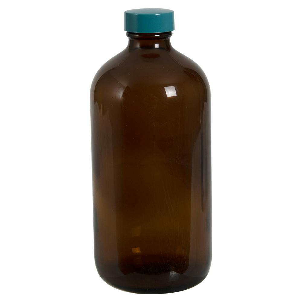 16 oz. Amber Plastic-Coated Glass Bottle with 28/400 Cap with F217 & PTFE Liner