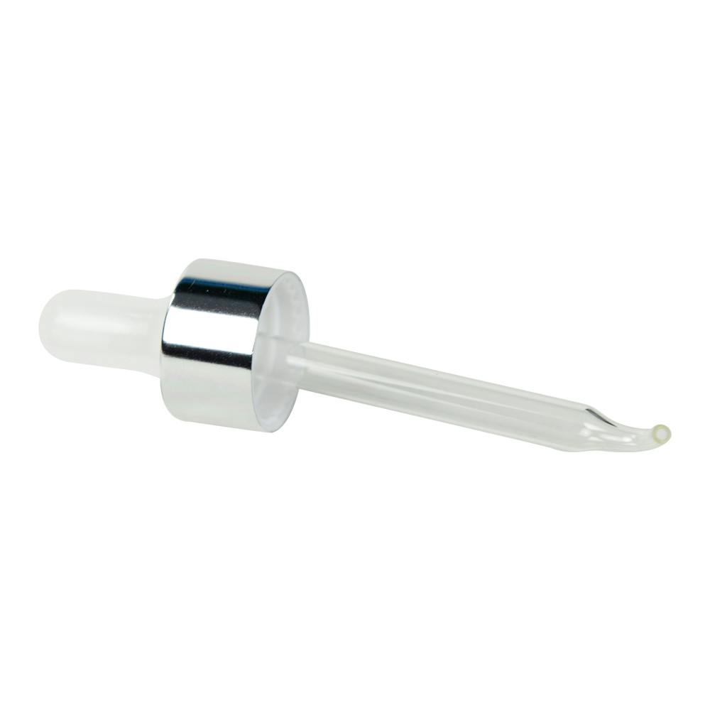 20/400 Smooth Silver Metal-Shelled Dropper Cap with White Rubber Bulb & 2.75" L Bent Tip Glass Pipette