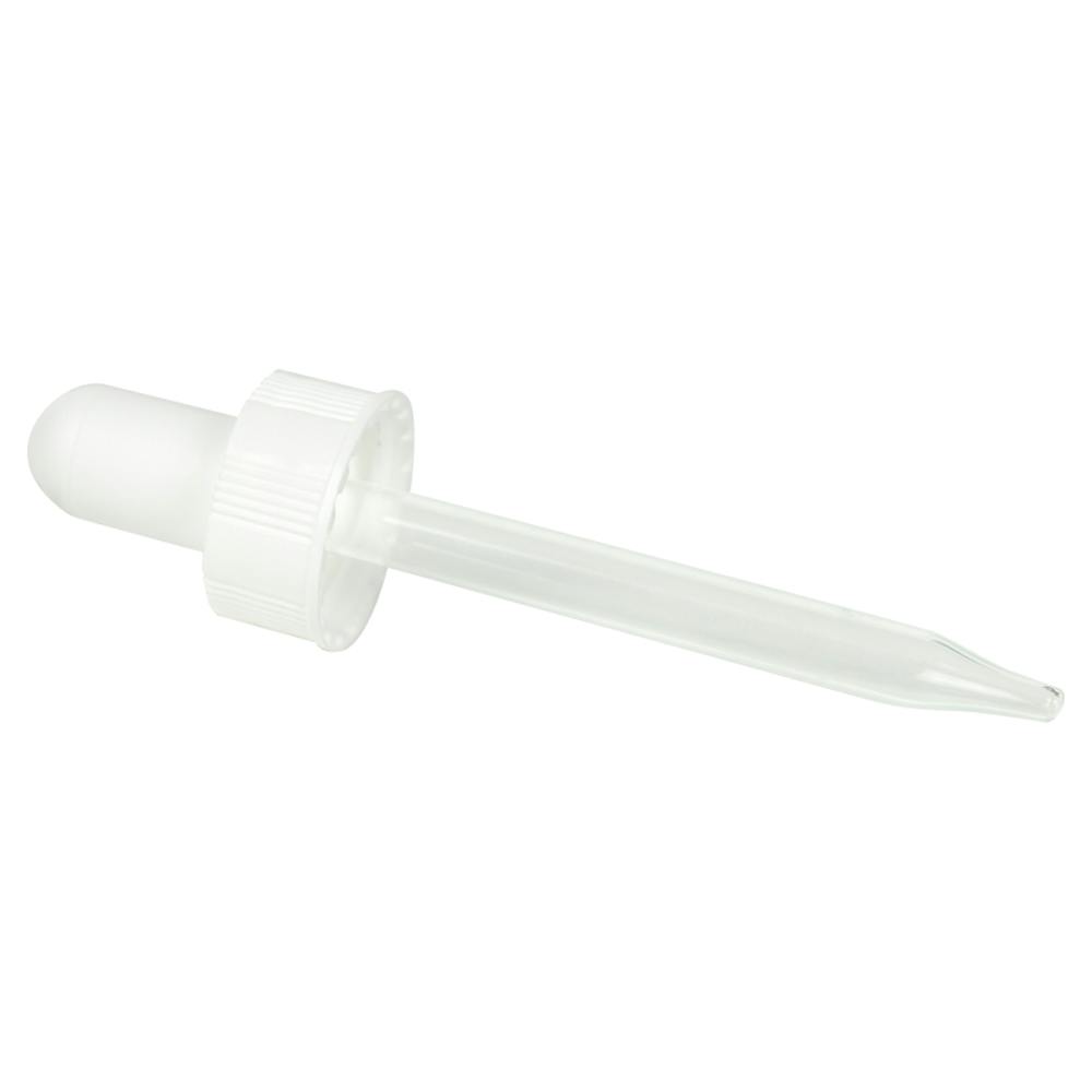 20/400 Ribbed White Phenolic Dropper Cap with White Rubber Bulb & 75mm L Straight Tip Glass Pipette