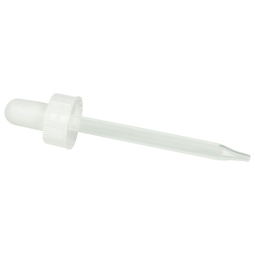 20/400 Ribbed White Phenolic Dropper Cap with White Rubber Bulb & 89mm L Straight Tip Glass Pipette