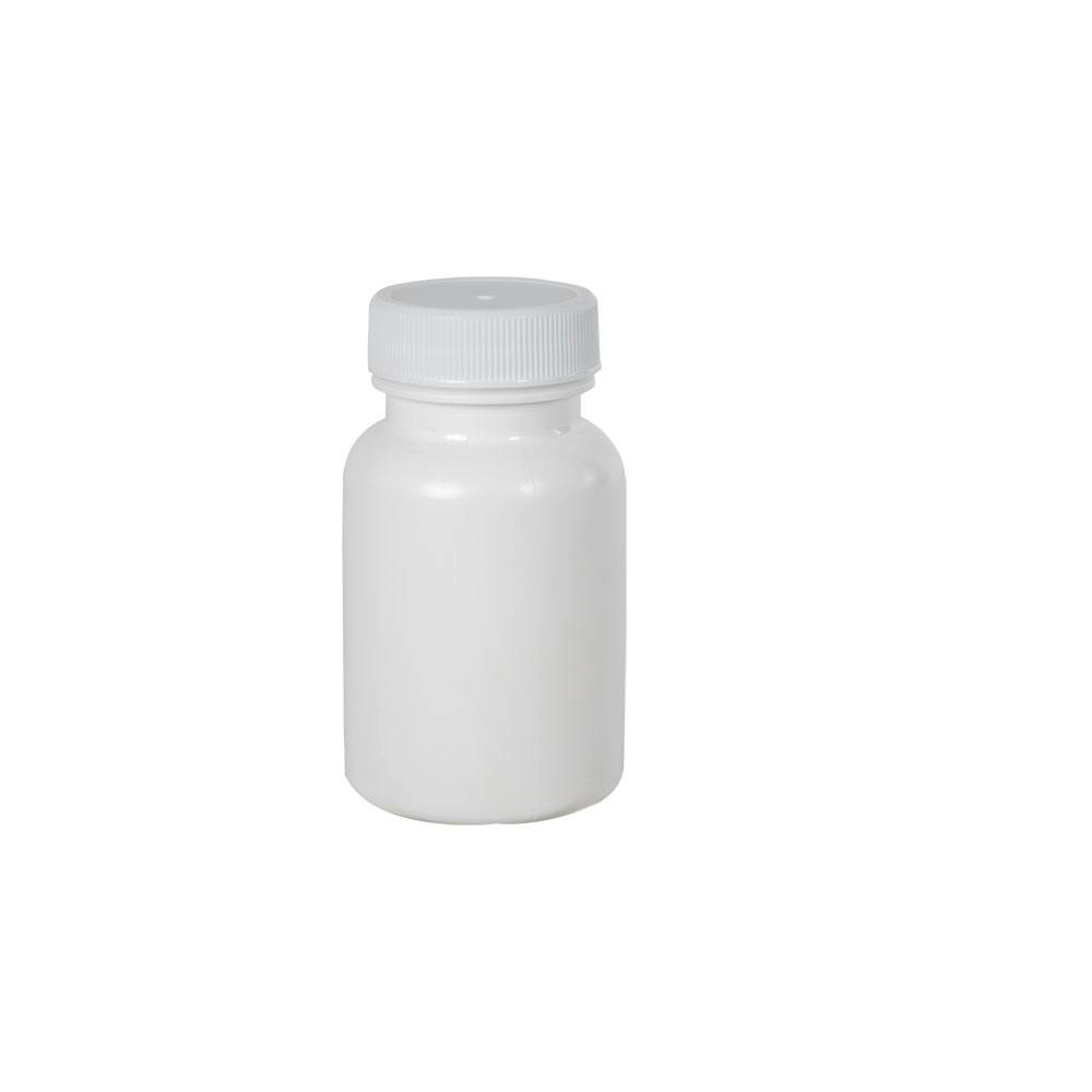 2.5 oz. (75cc) White HDPE Wide Mouth Packer Bottle with 33/400 White Ribbed Cap with F217 Liner
