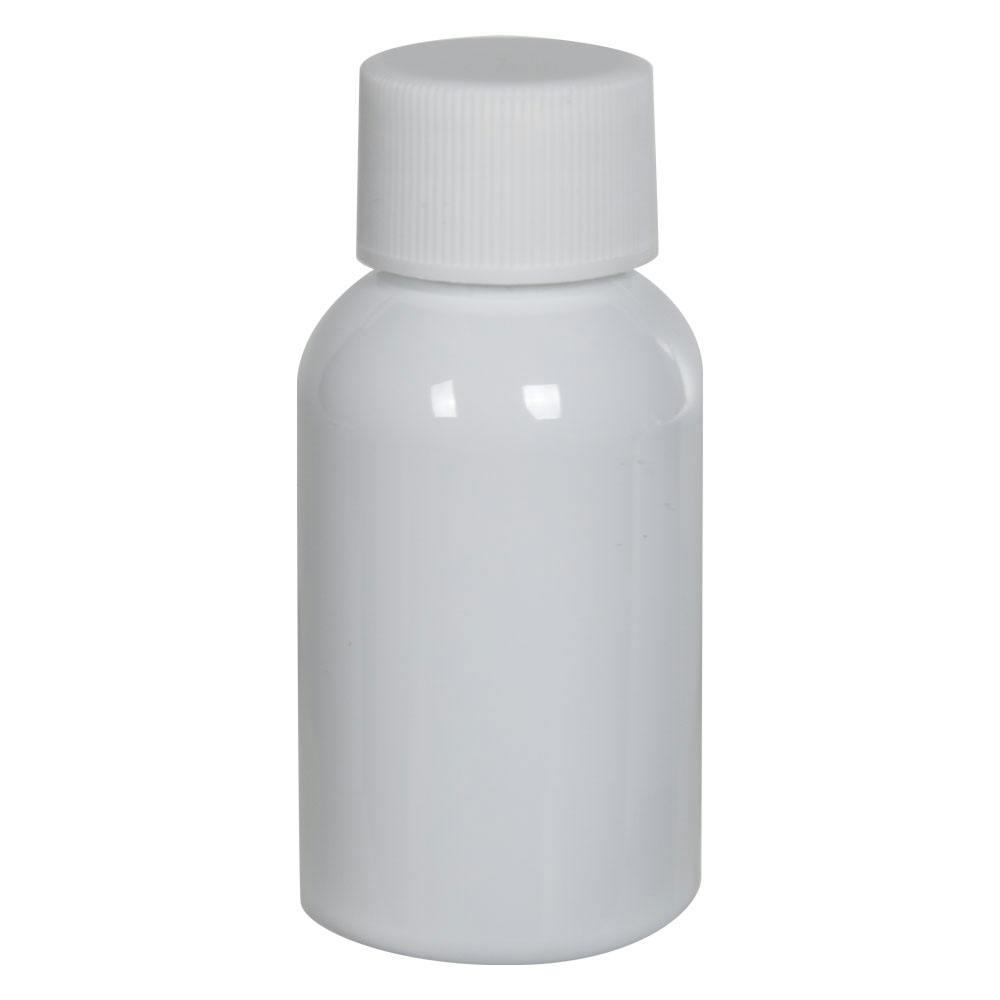 1 oz. White PET Squat Boston Round Bottle with 20/410 White Ribbed Cap with F217 Liner