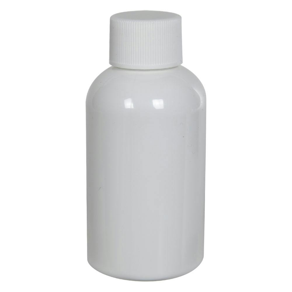 2 oz. White PET Squat Boston Round Bottle with 20/410 White Ribbed Cap with F217 Liner