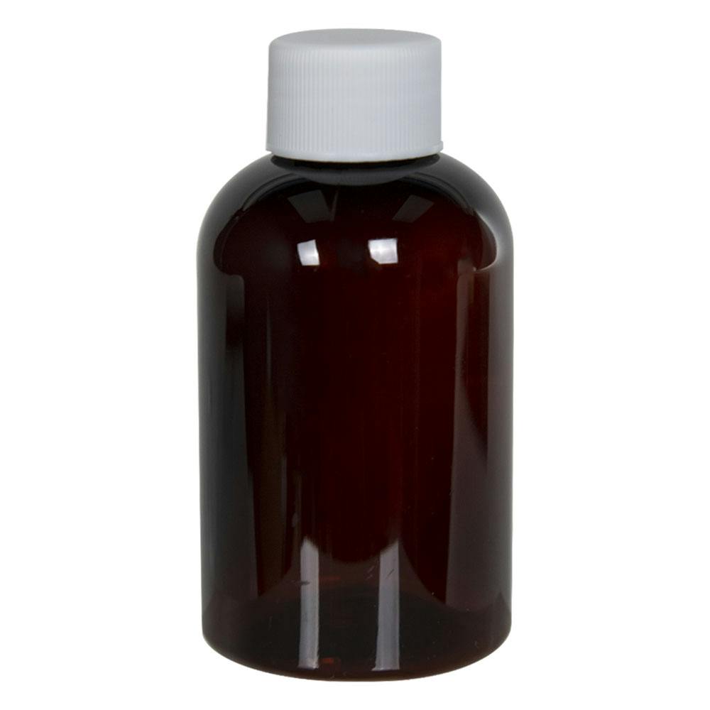 4 oz. Light Amber PET Squat Boston Round Bottle with 24/410 White Ribbed Cap with F217 Liner