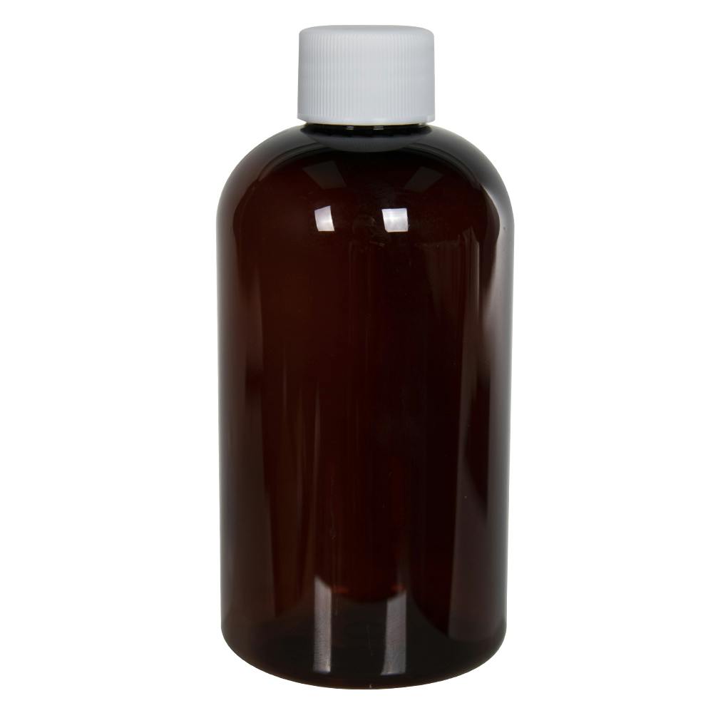 16 oz. Light Amber PET Squat Boston Round Bottle with 24/410 White Ribbed Cap with F217 Liner
