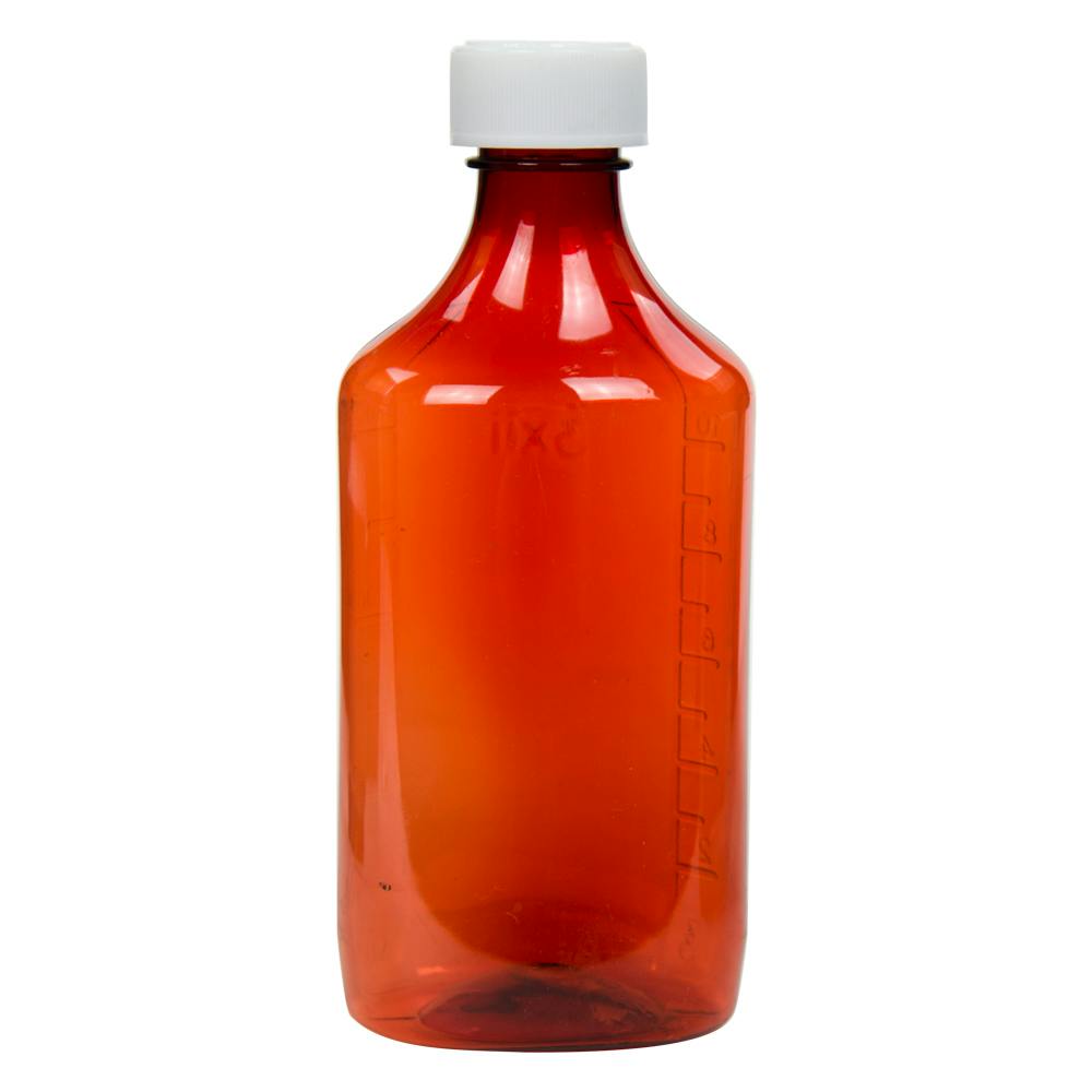 12 oz. Amber PET Oval Liquid Bottle with 28/400 White Child-Resistant Cap (CRC)