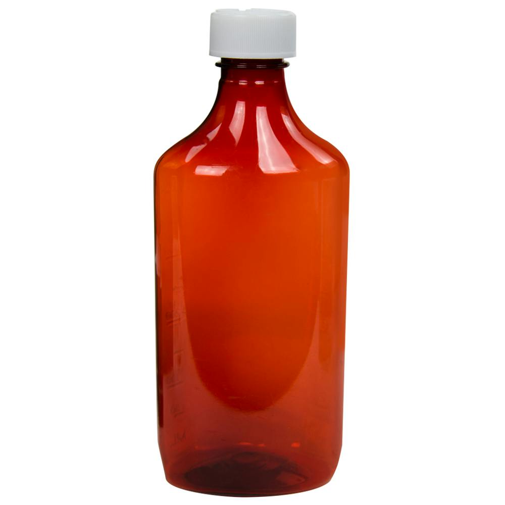 16 oz. Amber PET Oval Liquid Bottle with 28/400 White Child-Resistant Cap (CRC)