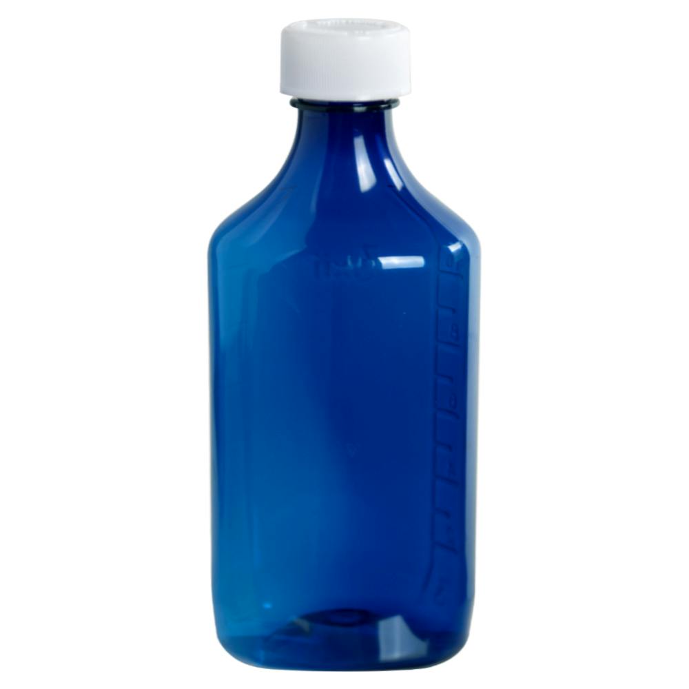 12 oz. Blue PET Oval Liquid Bottle with 28/400 White Child-Resistant Cap (CRC)