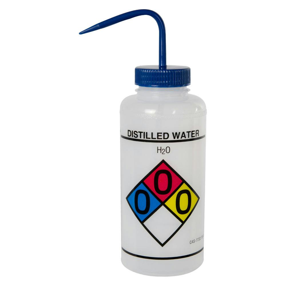 1000mL (32 oz.) Scienceware® Distilled Water Wide Mouth Safety-Labeled Wash Bottle with Blue Dispensing Nozzle