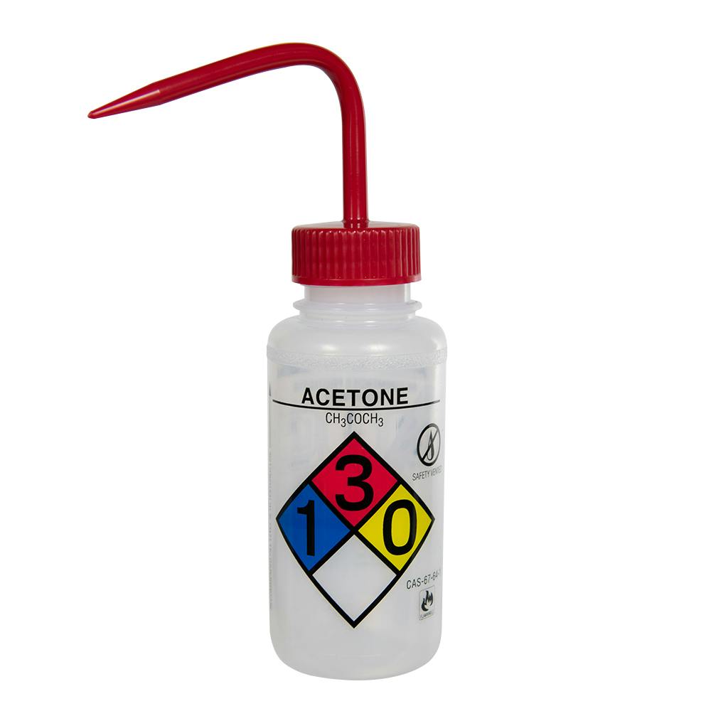 250mL (8 oz.) Scienceware® Acetone Safety-Vented & Labeled Wide Mouth Wash Bottle with Red Dispensing Nozzle