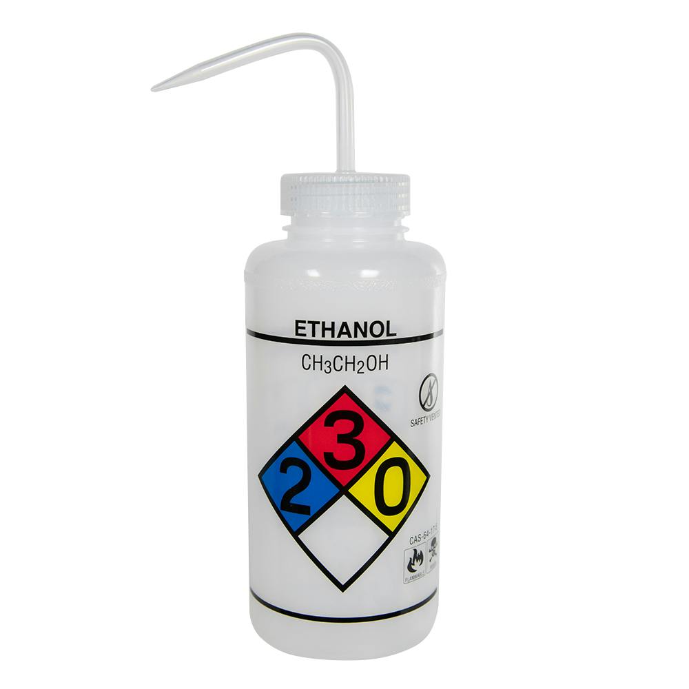1000mL (32 oz.) Scienceware® Ethanol Safety-Vented & Labeled Wide Mouth Wash Bottle with Natural Dispensing Nozzle