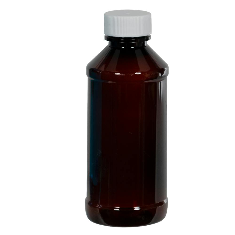 4 oz. Amber PET Modern Round Bottle with 24/400 White Ribbed Cap with F217 Liner