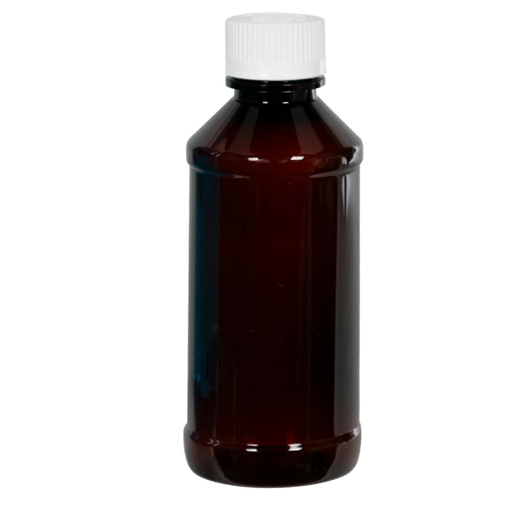 4 oz. Amber PET Modern Round Bottle with 24/400 White Ribbed Polypropylene Child-Resistant Cap (CRC) with F217 Liner