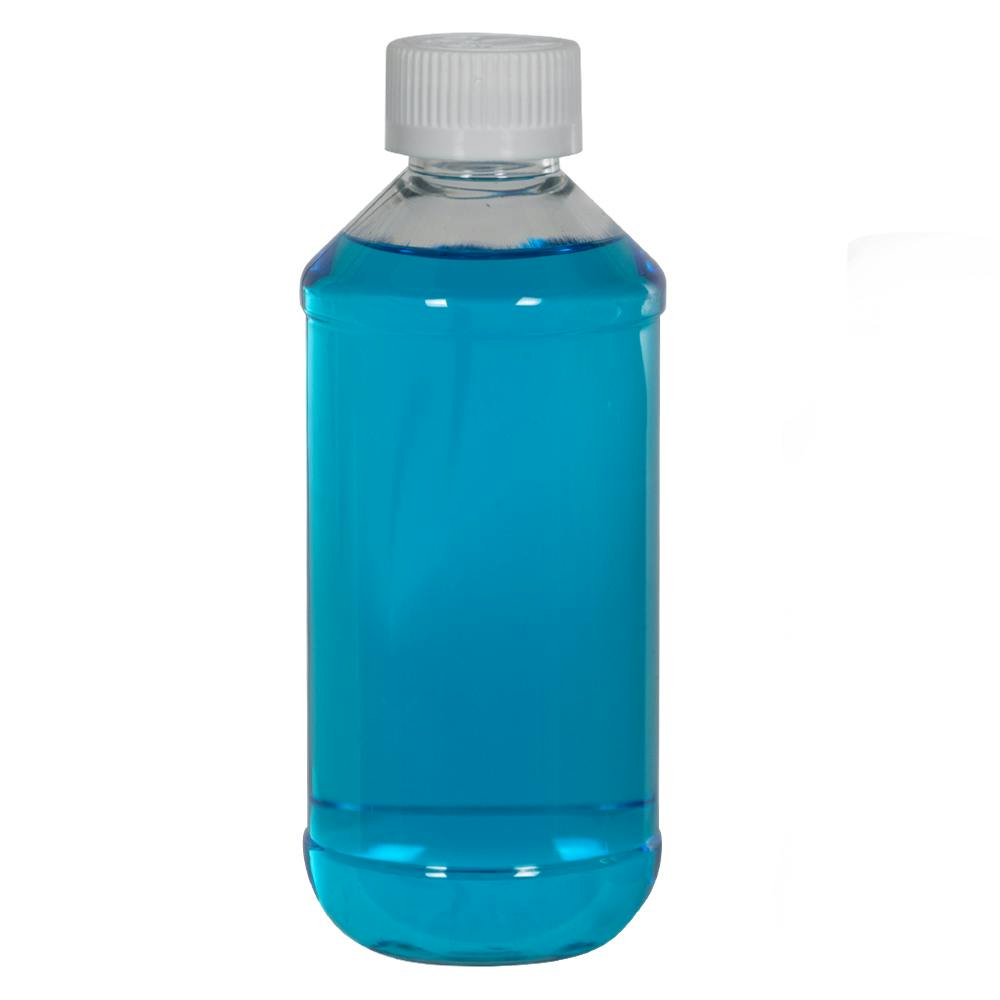 8 oz. Clear PET Modern Round Bottle with 24/400 White Ribbed Polypropylene Child-Resistant Cap (CRC) with F217 Liner