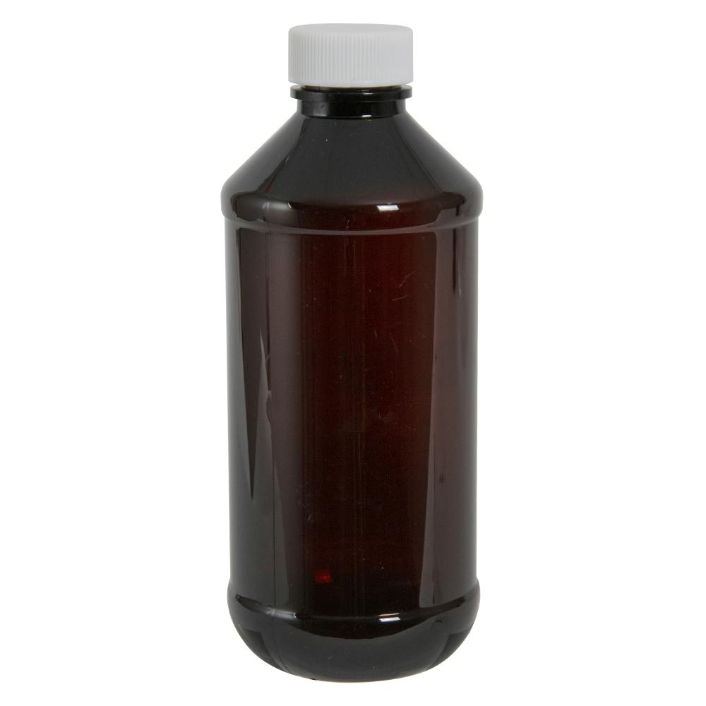 8 oz. Amber PET Modern Round Bottle with 24/400 White Ribbed Cap with F217 Liner