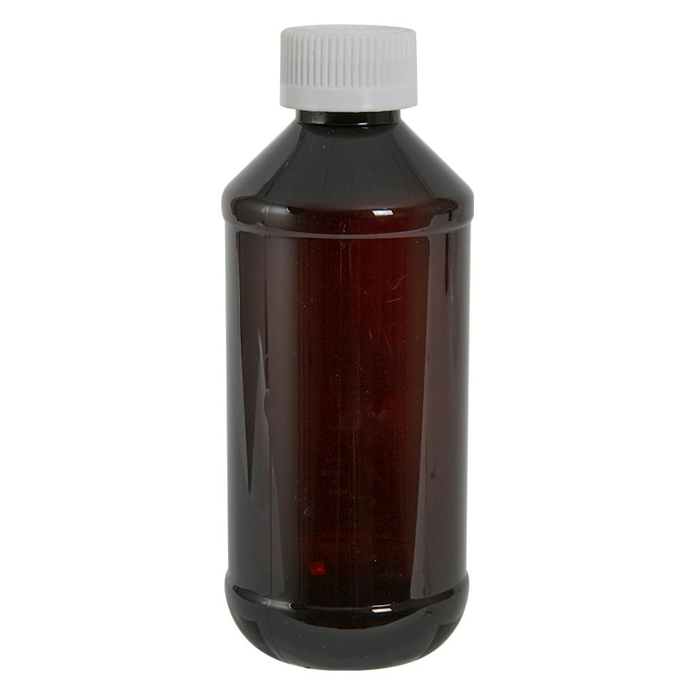 8 oz. Amber PET Modern Round Bottle with 24/400 White Ribbed Polypropylene Child-Resistant Cap (CRC) with F217 Liner
