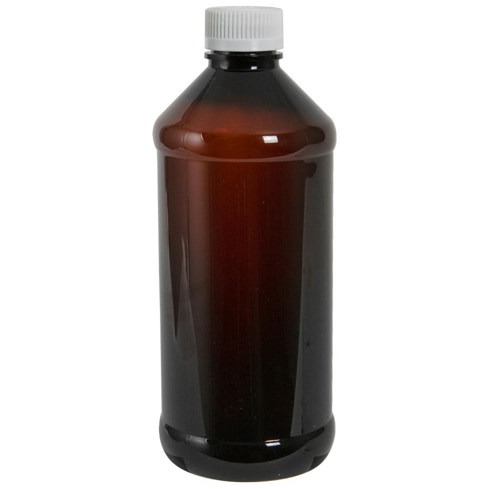 16 oz. Amber PET Modern Round Bottle with 28/400 White Ribbed Cap with F217 Liner