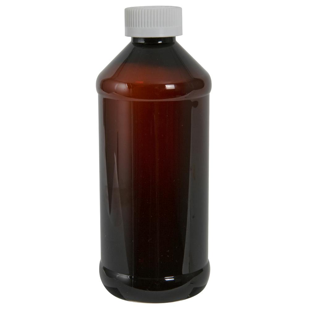 16 oz. Amber PET Modern Round Bottle with 28/400 White Ribbed Polypropylene Child-Resistant Cap (CRC) with F217 Liner