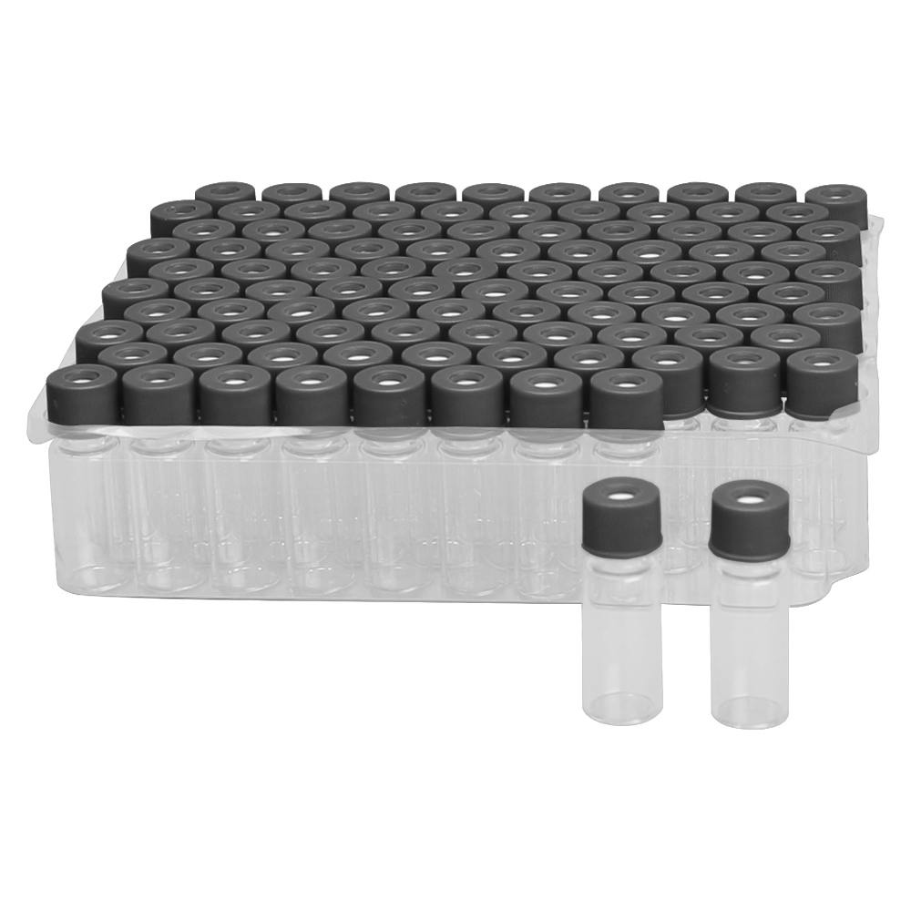 12mm Dia. x 32mm Hgt. Amber Standard Opening Crimp Top Vials with Black Cap & Red PTFE/Silicone/PTFE Septa - Package of 100