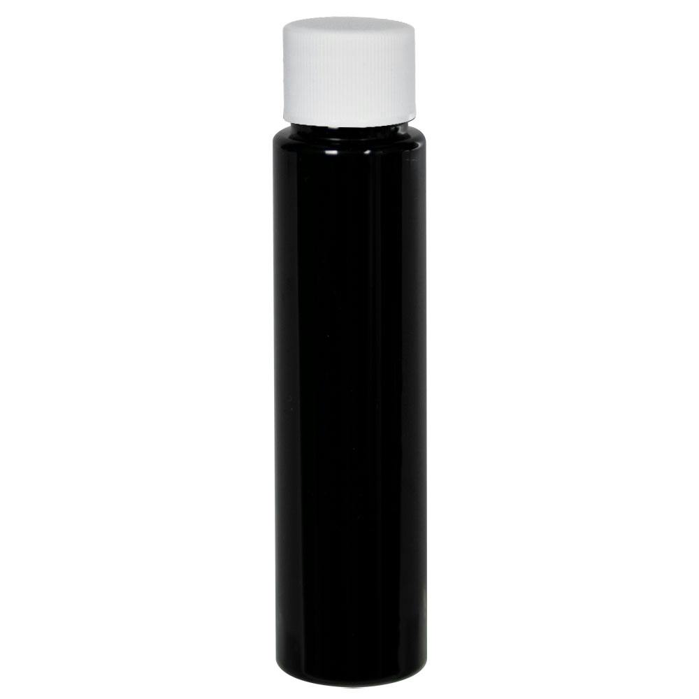 1 oz. Black PET Slim Cylindrical Bottle with 20/410 White Ribbed Cap with F217 Liner