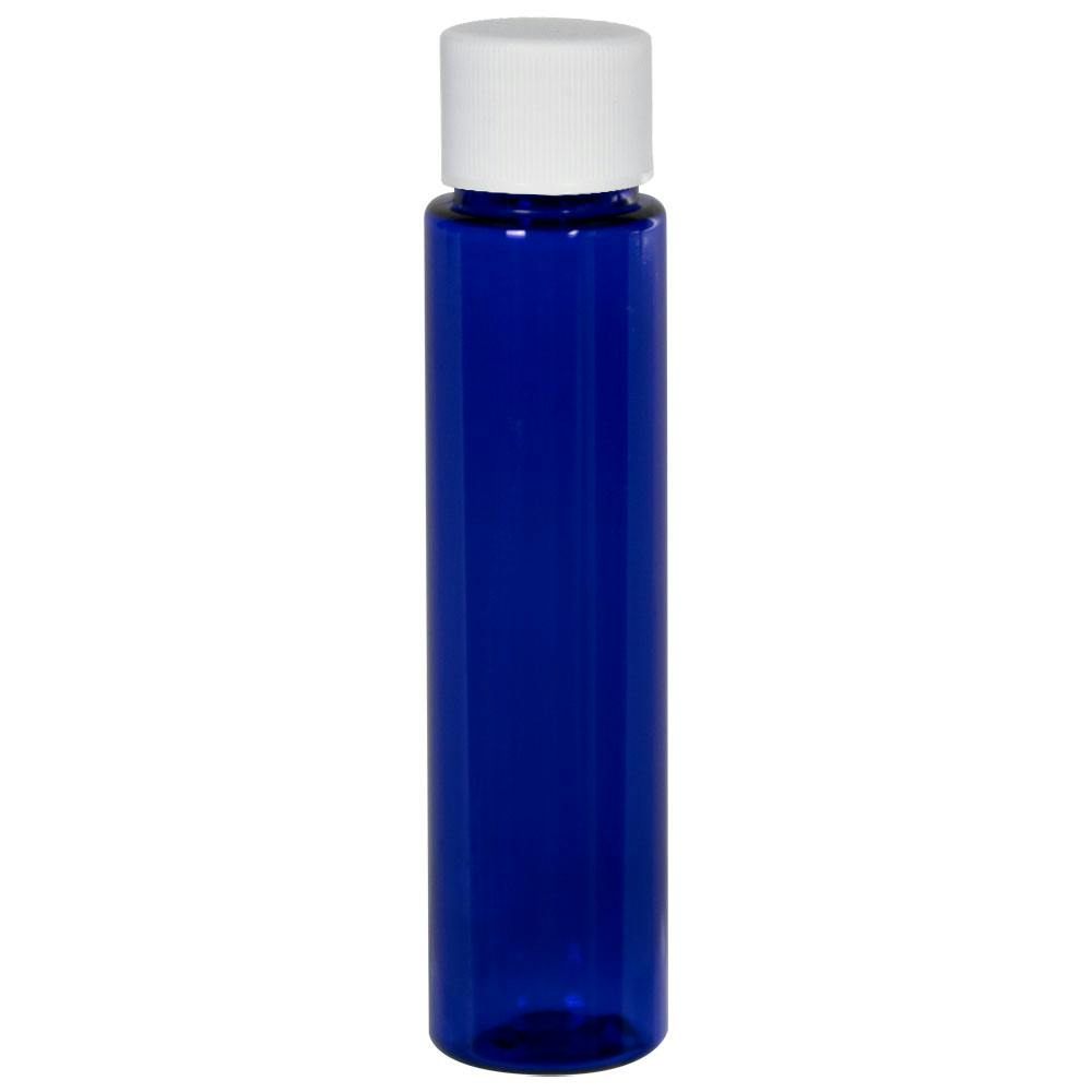 1 oz. Cobalt Blue PET Slim Cylindrical Bottle with 20/410 White Ribbed Cap with F217 Liner