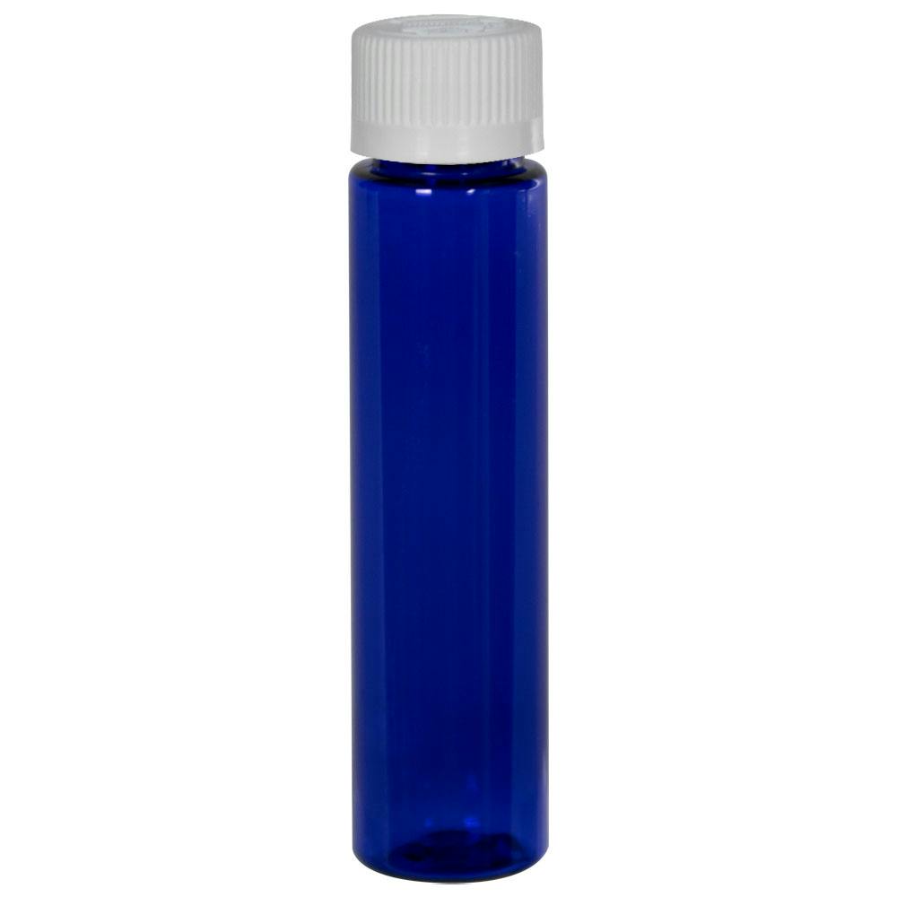 1 oz. Cobalt Blue PET Slim Cylindrical Bottle with 20/400 White Ribbed Polypropylene Child-Resistant Cap (CRC) with F217 Liner