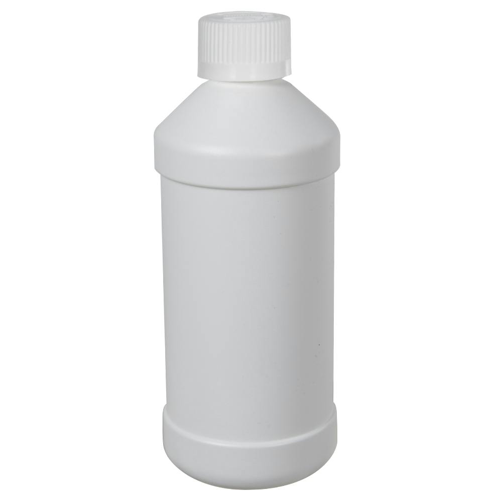 16 oz. White HDPE Modern Round Bottle with 28/400 White Ribbed Polypropylene Child-Resistant Cap (CRC) with F217 Liner