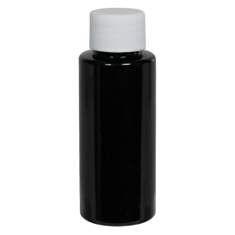 8 oz. Black PET Cylindrical Bottle with 24/410 White Ribbed Cap with F217 Liner