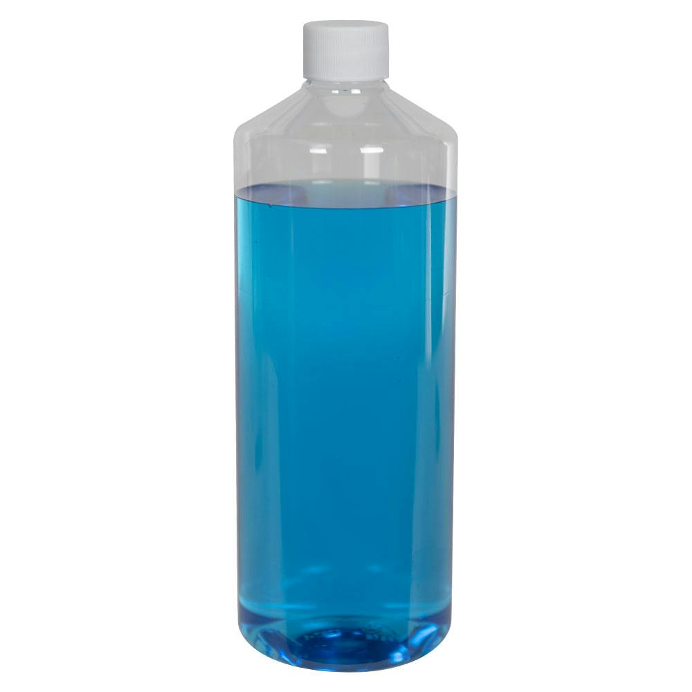 32 oz. Clear PET Cylindrical Bottle with 28/410 White Ribbed Cap with F217 Liner
