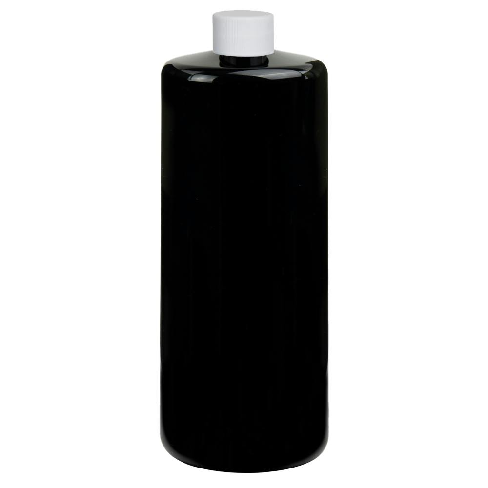 32 oz. Black PET Cylindrical Bottle with 28/410 White Ribbed Cap with F217 Liner