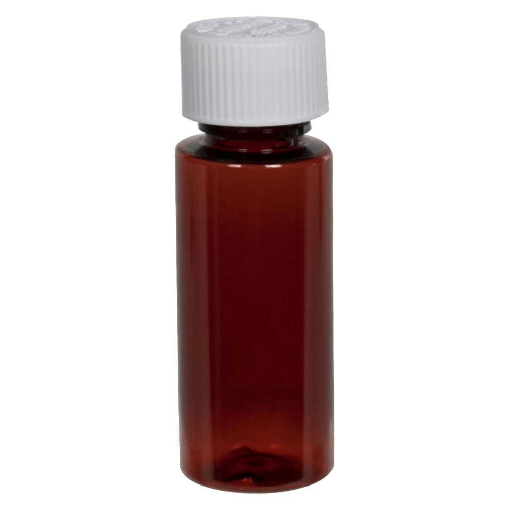 1 oz. Amber PET Cylindrical Bottle with 20/400 White Ribbed Polypropylene Child-Resistant Cap (CRC) with F217 Liner