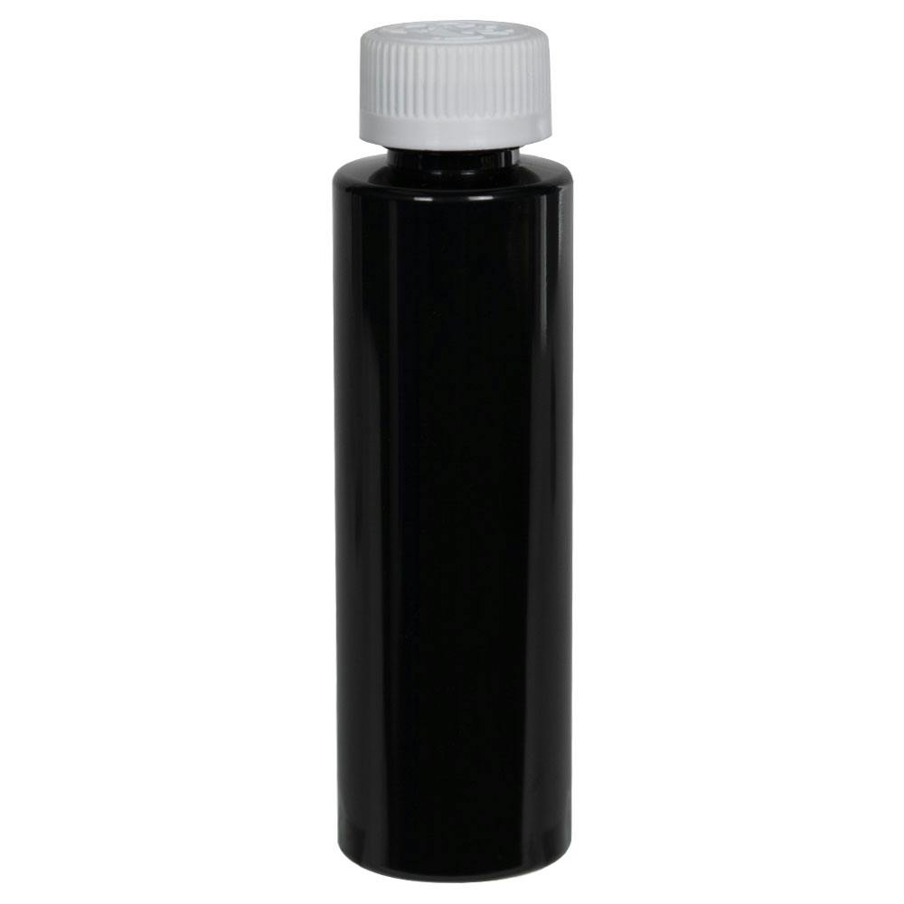 4 oz. Black PET Cylindrical Bottle with 24/400 White Ribbed Polypropylene Child-Resistant Cap (CRC) with F217 Liner