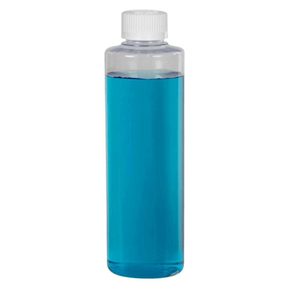 8 oz. Clear PVC Cylindrical Bottle with 24/410 White Ribbed Polypropylene Child-Resistant Cap (CRC) with F217 Liner