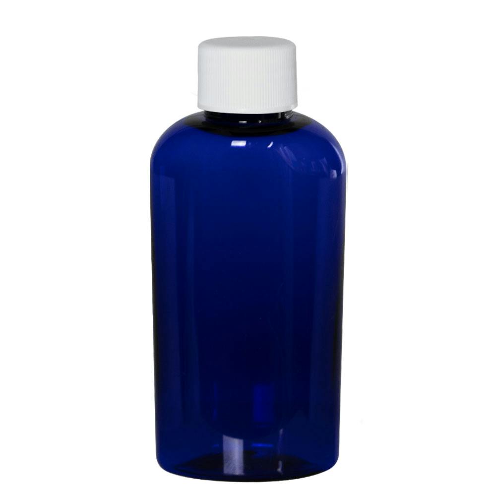 2 oz. Cobalt Blue PET Cosmo Oval Bottle with 20/410 White Ribbed Cap with F217 Liner