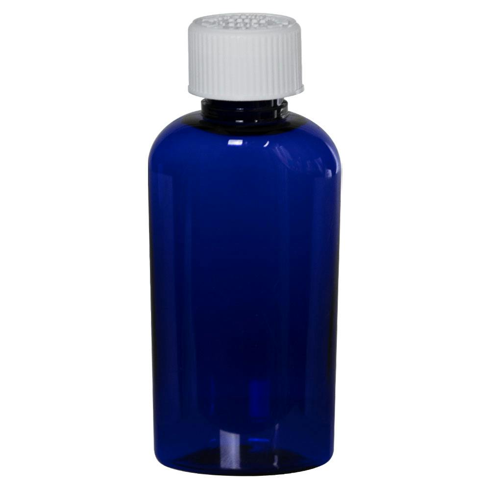 2 oz. Cobalt Blue PET Cosmo Oval Bottle with 20/400 White Ribbed Polypropylene Child-Resistant Cap (CRC) with F217 Liner