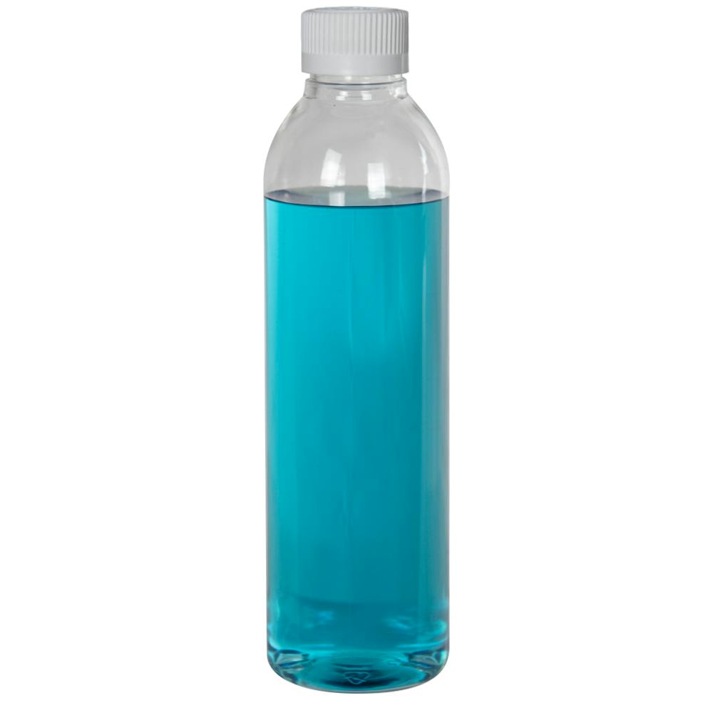 8 oz. Clear PET High Clarity Cosmo Round Bottle with 24/400 White Ribbed Polypropylene Child-Resistant Cap (CRC) with F217 Liner