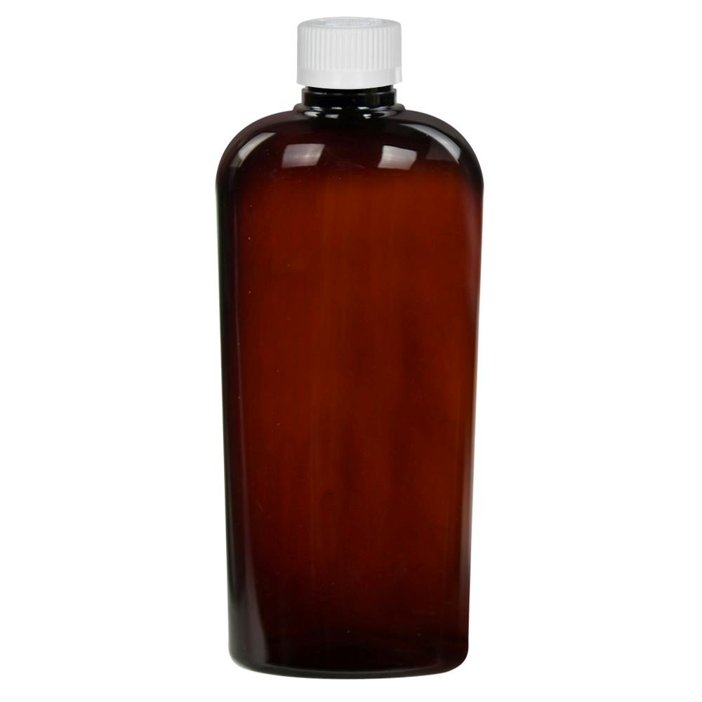 8.45 oz. Amber PET Vale High Clarity Oval Bottle with 24/400 White Ribbed Polypropylene Child-Resistant Cap (CRC) with F217 Liner