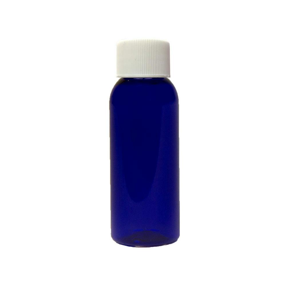 1 oz. Cobalt Blue PET Cosmo Round Bottle with 20/410 White Ribbed Cap with F217 Liner