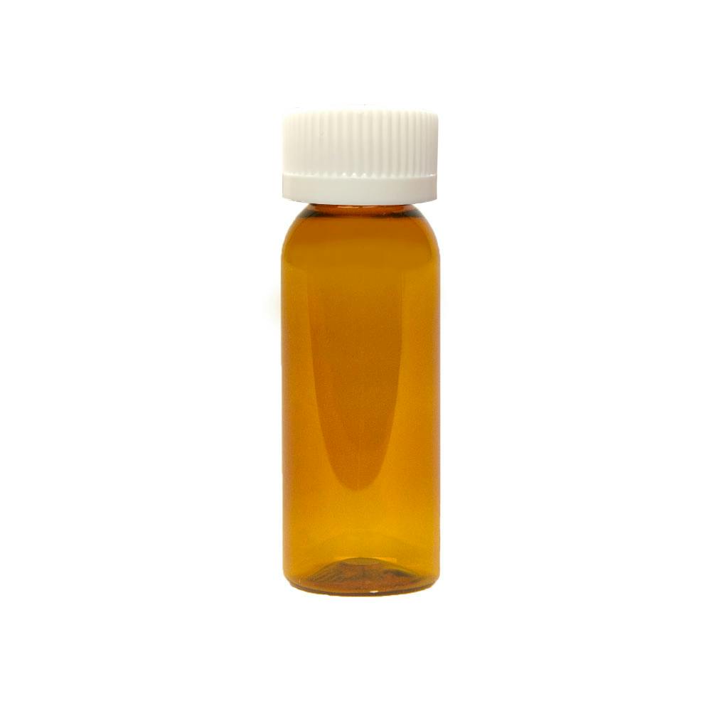 1 oz. Clarified Amber PET Cosmo Round Bottle with 20/400 White Ribbed Polypropylene Child-Resistant Cap (CRC) with F217 Liner