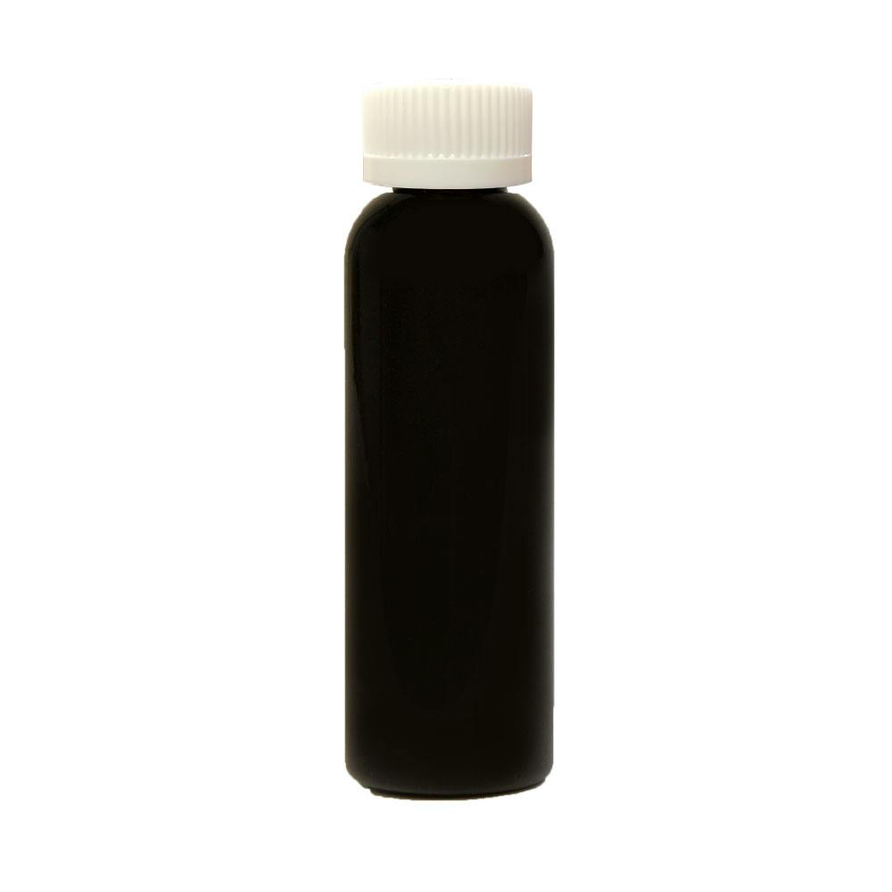 2 oz. Black PET Cosmo Round Bottle with 20/400 White Ribbed Polypropylene Child-Resistant Cap (CRC) with F217 Liner