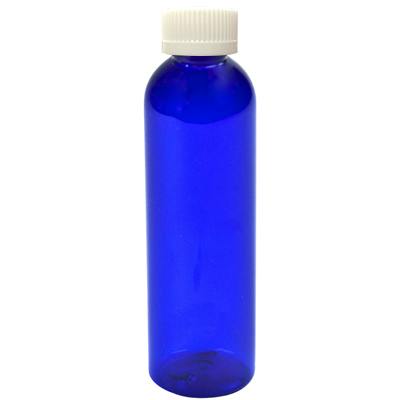 2 oz. Cobalt Blue PET Cosmo Round Bottle with 20/400 White Ribbed Polypropylene Child-Resistant Cap (CRC) with F217 Liner
