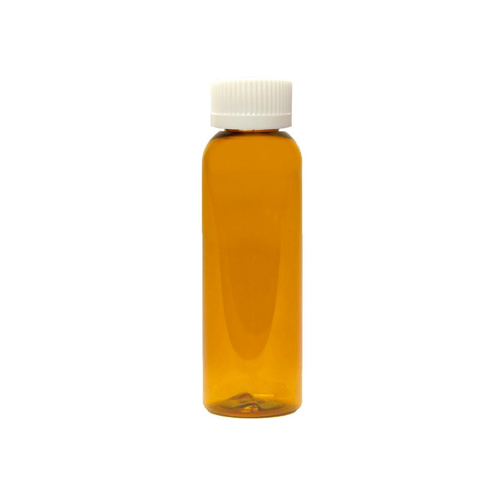 2 oz. Clarified Amber PET Cosmo Round Bottle with 20/400 White Ribbed Polypropylene Child-Resistant Cap (CRC) with F217 Liner